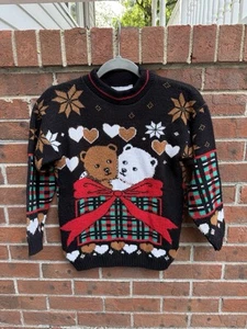 Vintage 90s Y2K Knit Bear Heart Embroidered Sweater Size Medium 10/12 Kids girls - Picture 1 of 4