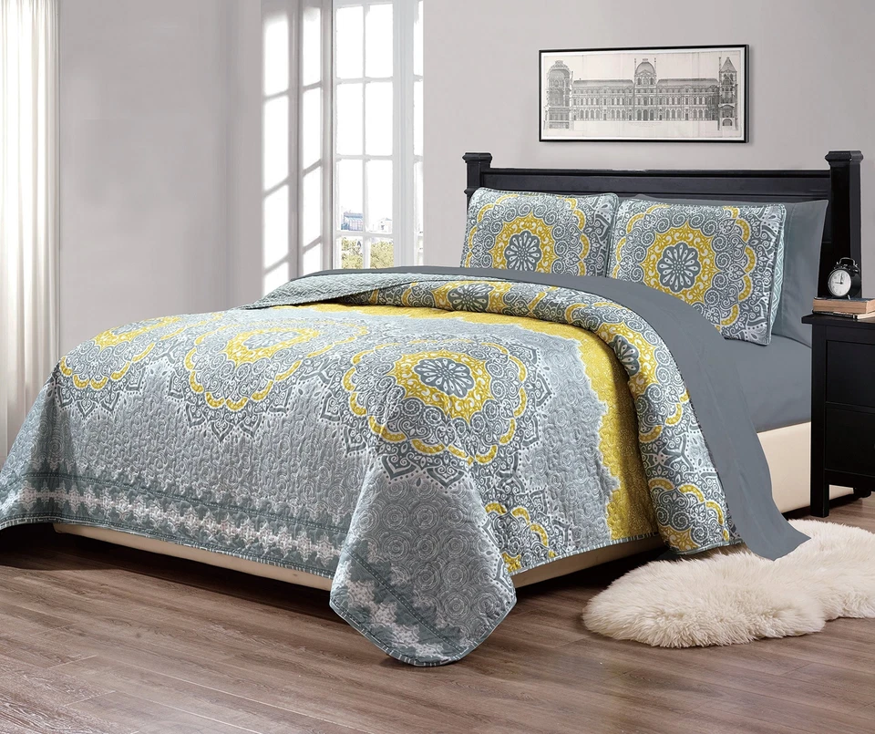 Mk Collection 7pc Queen Size Bedspread Quilt Over Size 106" X 95" Yellow Coas... - Image 1 of 3