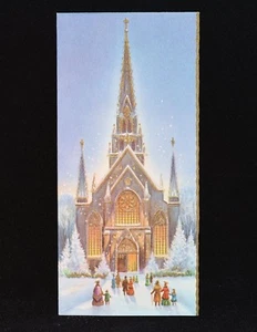 Vintage UNBENUTZTE Weihnachtskarte GLITZER GEPRÄGT MENSCHEN gehen zur KIRCHE KATHEDRALE - Bild 1 von 6