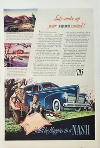1940 Nash Azul Amarillo Rojo Coches Anuncio Vintage Dama Make Up Your Marids Mind - Imagen 1 de 1