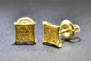 Yellow Diamond Studs 10K Yellow Gold 0.10 CT Pave Kite Shaped Small Earrings - Picture 1 of 6