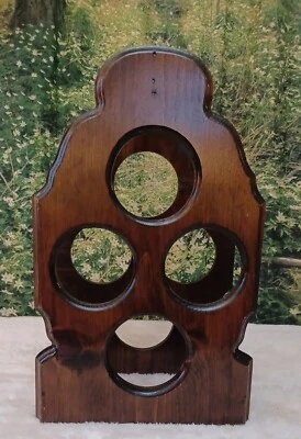 Vintage Rack Dark Solid Wood 4 Bottle 17.75" Tall MCM BOHO Bar Cabin Decor  - Image 1 of 4