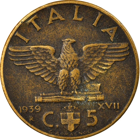 Italy Coin 5 Centesimi - Vittorio Emanuele III  | Eagle | Fasces | 1939 - 1943 Cover