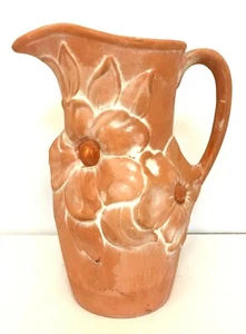 Terracotta 8" Tall Pitcher With Floral Relief 3D Flowers Handmade? McCoy? Style - Picture 1 of 9