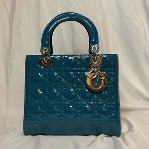 Dior Medium Patent Cannage Lady Dior Teal Blue Leather Satchel/Crossbody - Picture 1 of 19