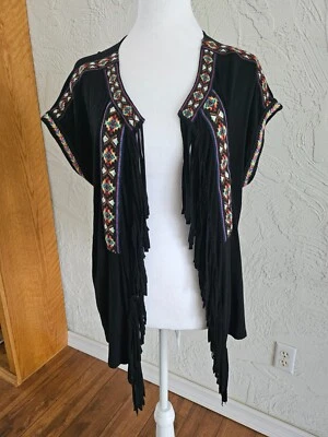 ROCK 47 牧马人刺绣条纹背心西部部落阿兹特克黑色牛仔 Med — 第 1/4 张图片