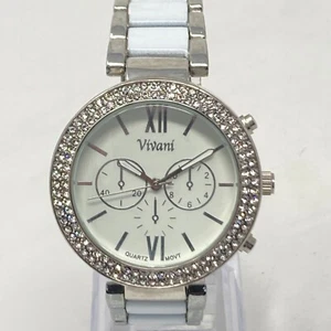 Vivani Watch Women 39mm Silver Tone Ceramic Look Crystal Bling New Battery 6.5" - Picture 1 of 15