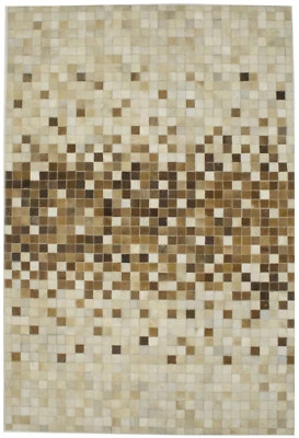 Modern Cowhide Patchwork Rug Beige and Brown Handcrafted Oriental Carpet 4X6 ft - Image 1 of 4