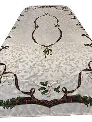Lenox Tablecloth 58 X 102 Holiday Nouveau Christmas Cream Ribbon Holly - Image 1 of 4