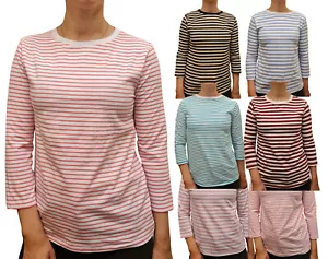 Ladies Basic Stretch Stripe Cotton Rich Casual Tops Crew 3/4 Sleeve - Picture 1 of 33