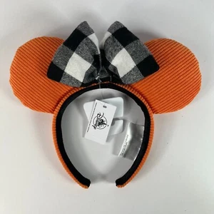 Orange Minnie Ears Checkered Bow Corduroy Disney Parks Headband Mickey Mouse - Picture 1 of 2