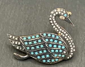 Broche cisne turquesa, perla y diamante oro y plata - Imagen 1 de 9