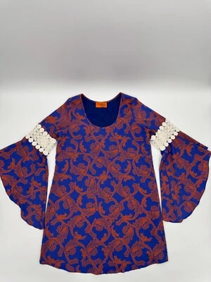 Voom by Joy Han Dress Women's Medium Royal Blue/Orange Paisley Scoop Neck Preppy - Image 1 of 4