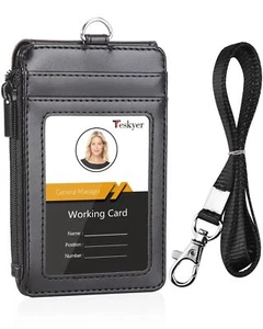 Badge Holder with Side Zip Pocket Multiple Card Slots Leather ID Holder Walle... - Picture 1 of 8