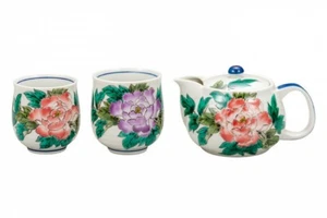 Yunomi Kyusu set Kutani yaki Japanese Tea Pot Cup set of 3 Sawada Ikumi Botan - Picture 1 of 4