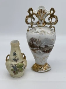 2 Urn Vases Winter Scene Trimed In Gold Small  Germany Vase Flowers - Picture 1 of 10