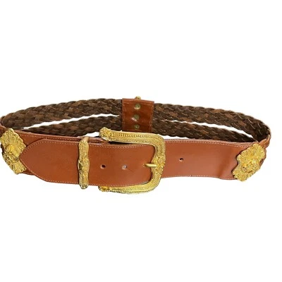 VTG 90s Belt Linea Pelle Mira K Wide Sz S Brown Woven Leather Gold Ornate Buckle - Image 1 of 4