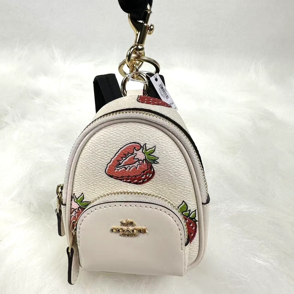 Coach Mini Court Strawberry Backpack CA093 Bag Charm White Keychain ORGPKG