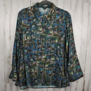 Shana boho artsy abstract back print button up shirt top size large w/ pockets   - Picture 1 of 9