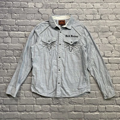 Camisa Rock Revival Para Hombre M Azul Bordada Con Botones Rockabilly Motociclista Estilo Y2K Foto 1 de 4