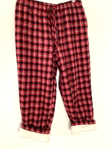 Lands End Fleece Lined Buffal Red Striped Men's Cotton Lounge Pants SZ L Pockets - Picture 1 of 5