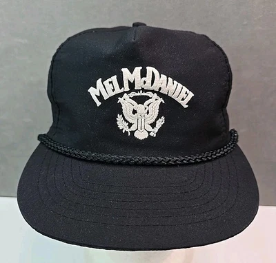 VTG Mel McDaniel hat 80's country singer black rope USA snapback puff print cap - Image 1 of 4