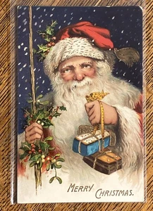 Hermosa SANTA Piel de Armiño Regalos Varita Dorada NAVIDAD De Colección Antigua GEL ¡Postal! - Imagen 1 de 5