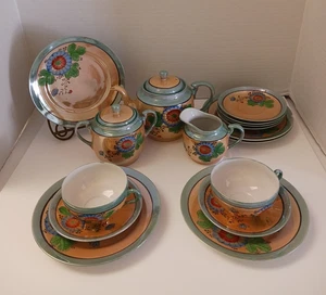 VTG Japan Hand Painted Lusterware Teapot Creamer/Sugar Cups Saucer & Plate 18 Pc - Picture 1 of 24