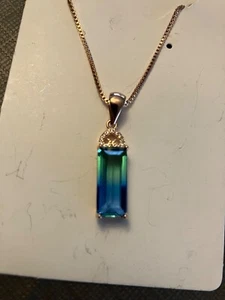 Blue & Green Gemstone Pendant Necklace Rose Gold Plated 925 18”.. - Picture 1 of 7