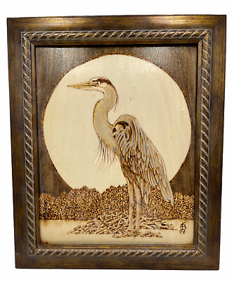 Wood Burned Etched Egret Heron Signed, Framed • 35€