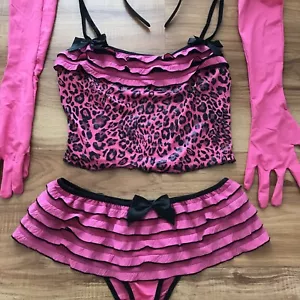 HOT Pink RUFFLE Panty SKIRT Cami CAT Ears GLOVES Burlesque LINGERIE Leopard SET - Picture 1 of 17