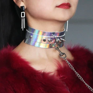 Holographic Punk Laser Leather Choker Collar with Leash Chain Belt BDSM Necklace - Picture 1 of 15