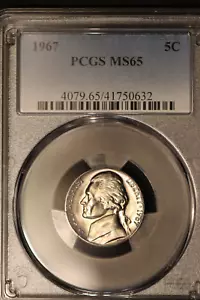 1967 P JEFFERSON NICKEL PCGS MS65 - Foto 1 di 6