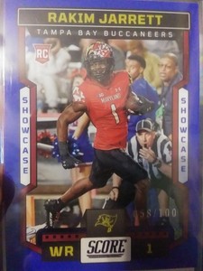 RAKIM JARRETT 2023 PANINI SCORE FOOTBALL BLUE SHOWCASE /100 RC BUCCANEERS #359