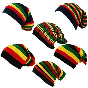 Rasta a Righe Slouch Oversize da Infilare Berretto Cappello Nero Rosso Verde - Picture 1 of 11