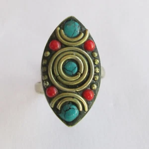 Tibetan Silver Turquoise Red Coral Original Jewelry Adjustable Unisex Ring R54 - Picture 1 of 7