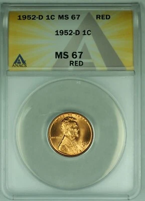 1952-D Lincoln Wheat Cent 1C Coin ANACS MS 67 RD (32) A - Image 1 of 2