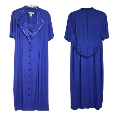 Dressbarn Vintage Cobalt Blue Midi Dress 16W Acetate Rayon Lapel Flower Detail - Image 1 of 4