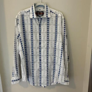 Camisa manga larga Robert Graham para hombre L/G blanco azul patrón abotonado - Imagen 1 de 7