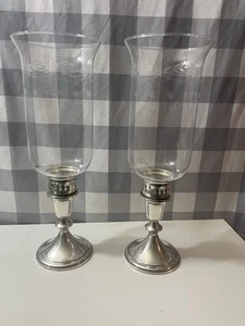 Vintage Pair Sterling Weighted Towle Candlestick Holders with Etched Hurricanes - Picture 1 of 10