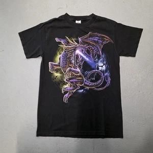 Vintage Dragon Shirt Mens Small Black Fantasy Graphic Tee Castle 90s Gothic Art - Picture 1 of 5