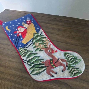 Vtg Needlepoint Christmas Stocking Santa Sleigh Reindeer Moon Blue Velvet Back - Picture 1 of 8