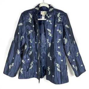 Victor Costa Jacket Navy Blue Embroidered Sequin Blazer Open Front Sz L - Picture 1 of 8