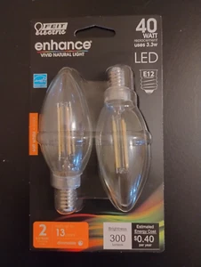 2 pack Feit Electric Enhance 40W LED SOFT WHITE 2700K E12 Candelabra 300 lumens - Picture 1 of 2
