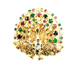 NOS Vint Peacock Pin Pendant Gold Faux Rubies, Emerald Sapphire Diamond #Fash400 - Picture 1 of 4