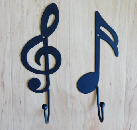 VINTAGE TREBLE CLEF & 16TH NOTE HOOK WALL HANGERS BLACK METAL WROUGHT IRON Cover