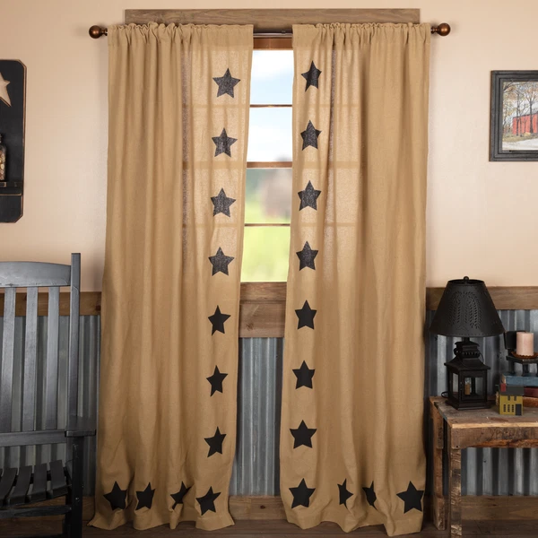 Arpillera con Plantilla Negra Estrellas PANELES 84" CORTINAS Sin Forro Country Foto 1 de 1