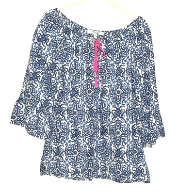 Blusa Top MILLY Azul Blanco Borla Talla Mediana Diseño Nación 100% Algodón Foto 1 de 4