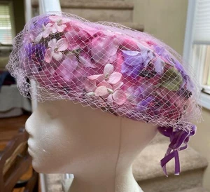 Sweet Vintage 'Ken Blair Exclusive' Hat~Silk Flowers & Lace Netting~Garden Party - Picture 1 of 11