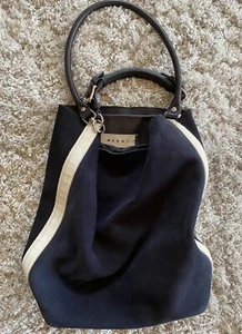 Marni Color Block Suede Leather Tote Purse Storm Side Stripe Navy Black White - Picture 1 of 12